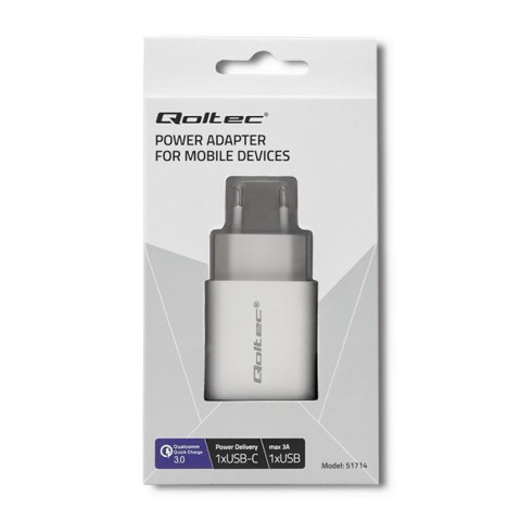 QOLTEC ŁADOWARKA SIECIOWA 18W | 5-12V | 1.5-3A | USB TYP C PD | USB QC 3.0 | BIAŁA QOLTEC ŁADOWARKA SIECIOWA 18W | 5-12V | 1.5-3A | USB TYP C PD | USB QC 3.0 | BIAŁA