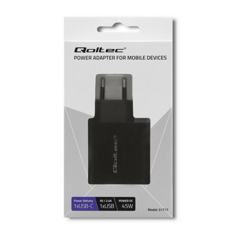 QOLTEC ŁADOWARKA SIECIOWA 42W | 5-20V | 2.25-3A | USB TYP C PD | USB | CZARNA QOLTEC ŁADOWARKA SIECIOWA 42W | 5-20V | 2.25-3A | USB TYP C PD | USB | CZARNA
