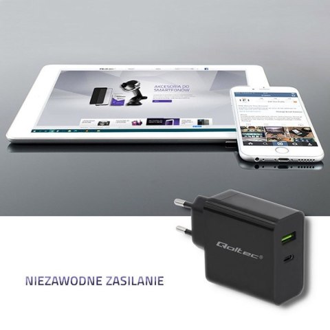 QOLTEC ŁADOWARKA SIECIOWA 42W | 5-20V | 2.25-3A | USB TYP C PD | USB | CZARNA QOLTEC ŁADOWARKA SIECIOWA 42W | 5-20V | 2.25-3A | USB TYP C PD | USB | CZARNA