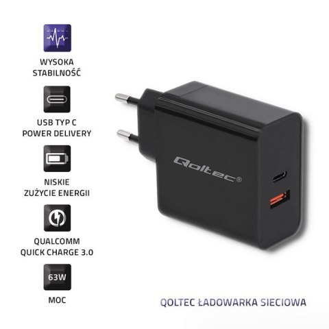 QOLTEC ŁADOWARKA SIECIOWA 63W | 5-20V | 1.5-3A | USB TYP C PD | USB QC 3.0 | CZARNA QOLTEC ŁADOWARKA SIECIOWA 63W | 5-20V | 1.5-3A | USB TYP C PD | USB QC 3.0 | CZARNA