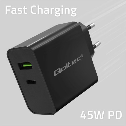 QOLTEC ŁADOWARKA SUPER QUICK PD | 1XUSB-C | 1XUSB | 45W | 5-20V | 2.25-3A | CZARNA QOLTEC ŁADOWARKA SUPER QUICK PD | 1XUSB-C | 1XUSB | 45W | 5-20V | 2.25-3A | CZARNA