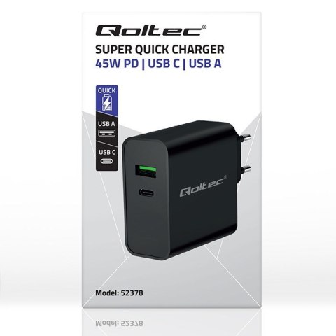 QOLTEC ŁADOWARKA SUPER QUICK PD | 1XUSB-C | 1XUSB | 45W | 5-20V | 2.25-3A | CZARNA QOLTEC ŁADOWARKA SUPER QUICK PD | 1XUSB-C | 1XUSB | 45W | 5-20V | 2.25-3A | CZARNA
