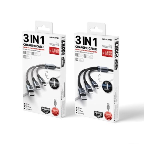 WEKOME WDC-119 Fython Series - Kabel połączeniowy 3w1 USB-A do Lightning + USB-C + Micro USB PD 1.2 m (Czarny) WEKOME WDC-119 Fython Series - Kabel połączeniowy 3w1 USB-A do Lightning + USB-C + Micro USB PD 1.2 m (Czarny)
