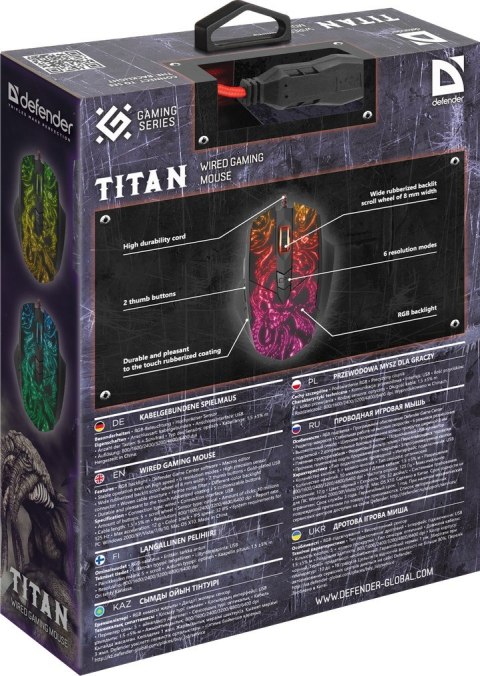 DEFENDER MYSZ PRZEWODOWA TITAN GM-650L OPTIC 800/1600/2400/3200/4800/6400 DPI 6P RGB 52650 DEFENDER MYSZ PRZEWODOWA TITAN GM-650L OPTIC 800/1600/2400/3200/4800/6400 DPI 6P RGB 52650
