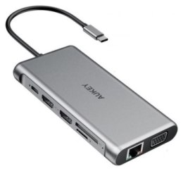Aukey aluminiowy HUB USB-C | 12w1 | RJ45 Ethernet 10/100/1000Mbps | 2xUSB 3.1 | 2xUSB 2.0 | 2xHDMI 4k@30Hz | VGA | SD i microSD 