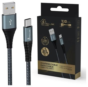 Extralink Smart Life 15W, USB-A - USB-C, 120cm, nylonowy oplot, 5V 2.4A/3A, czarny Extralink Smart Life 15W, USB-A - USB-C, 120cm, nylonowy oplot, 5V 2.4A/3A, czarny