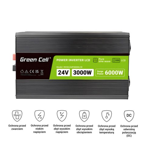 Green Cell - Przetwornica napięcia PowerInverter z wyświetlaczem LCD 24V na 230V 3000W/6000W Czysta sinusoida Green Cell - Przetwornica napięcia PowerInverter z wyświetlaczem LCD 24V na 230V 3000W/6000W Czysta sinusoida