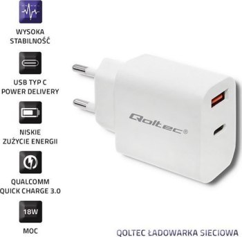 Qoltec 18W | 5-12V | 1.5-3A | USB typ C PD | USB QC 3.0 | Biała Qoltec 18W | 5-12V | 1.5-3A | USB typ C PD | USB QC 3.0 | Biała
