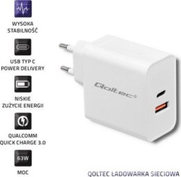 Qoltec 63W | 5-20V | 1.5-3A | USB typ C PD | USB QC 3.0 | Biała