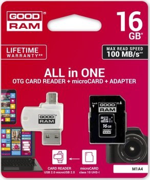 Karta pamięci z adapterem i czytnikiem kart GoodRam All in one M1A4-0160R12 (16GB; Class 10; Adapter Czytnik kart MicroSDHC Kart Karta pamięci z adapterem i czytnikiem kart GoodRam All in one M1A4-0160R12 (16GB; Class 10; Adapter Czytnik kart MicroSDHC Kart