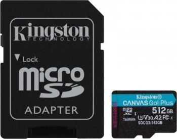 Kingston microSDXC Canvas Go! Plus 512GB 170R A2 U3 V30 Card + adapter Kingston microSDXC Canvas Go! Plus 512GB 170R A2 U3 V30 Card + adapter