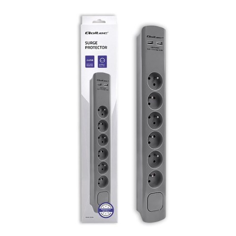 QOLTEC LISTWA ZASILAJĄCA ANTYPRZEPIĘCIOWA | 6 GNIAZD | 2 X USB | 1.8M | SZARA QOLTEC LISTWA ZASILAJĄCA ANTYPRZEPIĘCIOWA | 6 GNIAZD | 2 X USB | 1.8M | SZARA