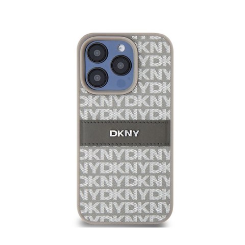 DKNY Leather Mono Stripe & Metal Logo - Etui iPhone 15 Pro (beżowy) DKNY Leather Mono Stripe & Metal Logo - Etui iPhone 15 Pro (beżowy)