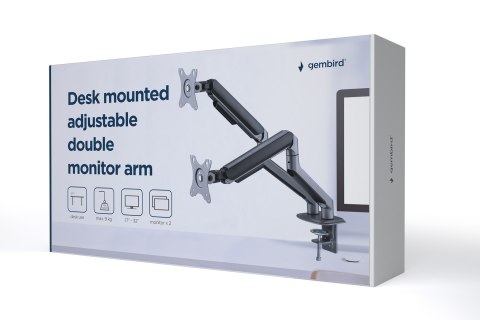 GEMBIRD BIURKOWE REGULOWANE RAMIĘ/UCHWYT NA 2 MONITORY 17-32, VESA 100X100MM, DO 9 KG, KOLOR SZARY GEMBIRD BIURKOWE REGULOWANE RAMIĘ/UCHWYT NA 2 MONITORY 17-32, VESA 100X100MM, DO 9 KG, KOLOR SZARY