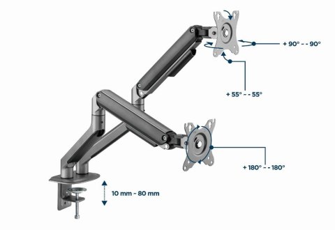 GEMBIRD BIURKOWE REGULOWANE RAMIĘ/UCHWYT NA 2 MONITORY 17-32, VESA 100X100MM, DO 9 KG, KOLOR SZARY GEMBIRD BIURKOWE REGULOWANE RAMIĘ/UCHWYT NA 2 MONITORY 17-32, VESA 100X100MM, DO 9 KG, KOLOR SZARY