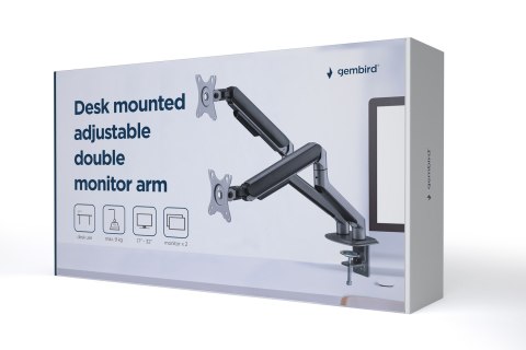GEMBIRD BIURKOWE REGULOWANE RAMIĘ/UCHWYT NA 2 MONITORY 17-32, VESA 100X100MM, DO 9 KG, KOLOR SZARY GEMBIRD BIURKOWE REGULOWANE RAMIĘ/UCHWYT NA 2 MONITORY 17-32, VESA 100X100MM, DO 9 KG, KOLOR SZARY
