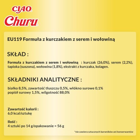INABA Churu Kurczak z serem i wołowiną - przysmak dla kota - 4x14 g INABA Churu Kurczak z serem i wołowiną - przysmak dla kota - 4x14 g