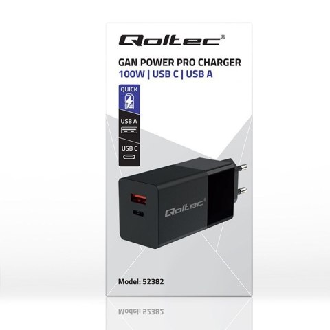 QOLTEC ŁADOWARKA GAN POWER PRO | 1XUSB-C | 1XUSB | 100W | 5-20V | 1.5-5A | PD | CZARNA QOLTEC ŁADOWARKA GAN POWER PRO | 1XUSB-C | 1XUSB | 100W | 5-20V | 1.5-5A | PD | CZARNA