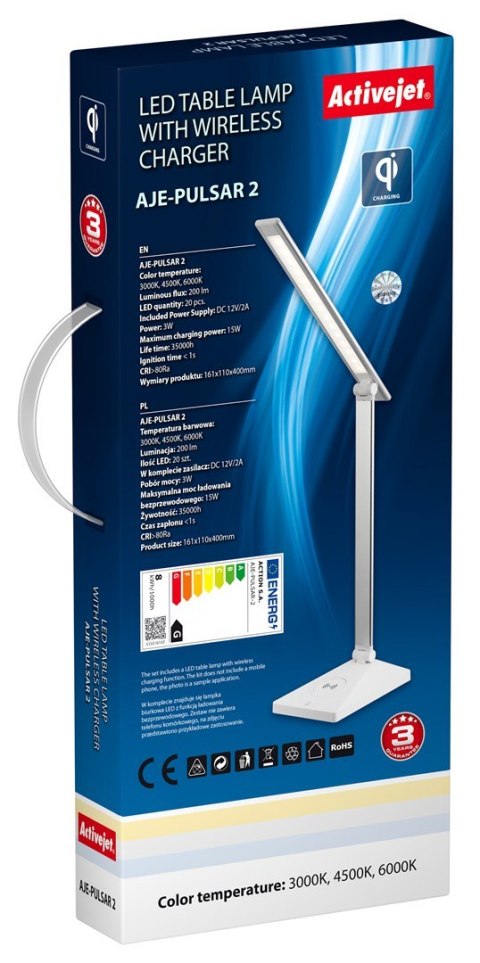 Nowoczesna lampka na biurko LED Activejet PULSAR 2 biała z funkcją szybkiego ładowana bezprzewodowego urządzeń Nowoczesna lampka na biurko LED Activejet PULSAR 2 biała z funkcją szybkiego ładowana bezprzewodowego urządzeń