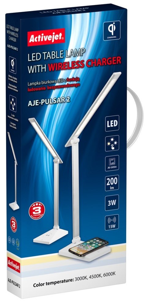 Nowoczesna lampka na biurko LED Activejet PULSAR 2 biała z funkcją szybkiego ładowana bezprzewodowego urządzeń Nowoczesna lampka na biurko LED Activejet PULSAR 2 biała z funkcją szybkiego ładowana bezprzewodowego urządzeń