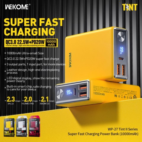WEKOME WP-27 Tint Series - Power bank 10000 mAh Super Fast Charging USB-C PD 20W + 2x USB-A QC3.0 22.5W (Żółty) WEKOME WP-27 Tint Series - Power bank 10000 mAh Super Fast Charging USB-C PD 20W + 2x USB-A QC3.0 22.5W (Żółty)