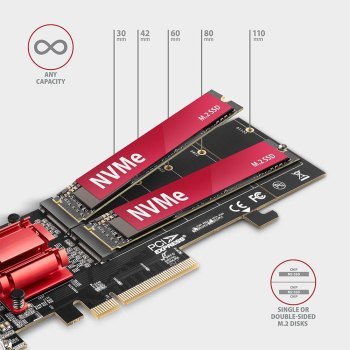 Adapter wewnętrzny Axagon PCEM2-ND PCIe x8 do 2x SSD M.2 NVMe M-key RAID do 110mm Adapter wewnętrzny Axagon PCEM2-ND PCIe x8 do 2x SSD M.2 NVMe M-key RAID do 110mm