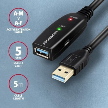 Aktywny przedłużacz/wzmacniacz Axagon USB 3.2 Gen 1 A-M do A-F 5m Aktywny przedłużacz/wzmacniacz Axagon USB 3.2 Gen 1 A-M do A-F 5m