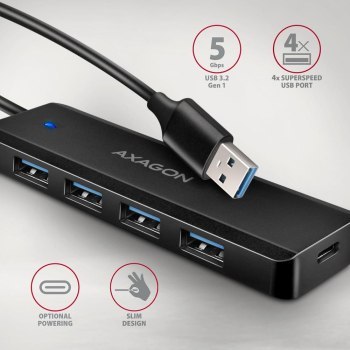 Hub aktywny Axagon HUE-C1A USB-A 3.2 Gen1 do 4x USB-A 3.2 Gen + 1xUSB-C do ładowania czarny Hub aktywny Axagon HUE-C1A USB-A 3.2 Gen1 do 4x USB-A 3.2 Gen + 1xUSB-C do ładowania czarny