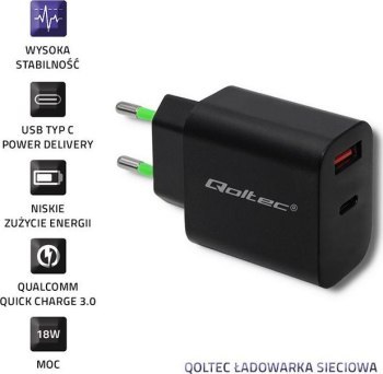 Qoltec 18W | 5-12V | 1.5-3A | USB typ C PD | USB QC 3.0 | Czarna Qoltec 18W | 5-12V | 1.5-3A | USB typ C PD | USB QC 3.0 | Czarna