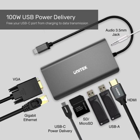 UNITEK HUB 8W1 USB3.1 TYP-C, PD 100W, D1019A UNITEK HUB 8W1 USB3.1 TYP-C, PD 100W, D1019A