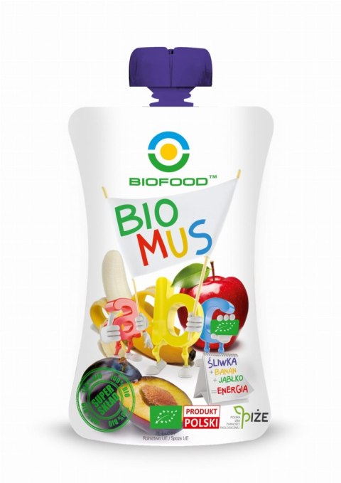 MUS ŚLIWKOWO - BANANOWO - JABŁKOWY BEZGLUTENOWY BIO 90 g - BIO FOOD MUS ŚLIWKOWO - BANANOWO - JABŁKOWY BEZGLUTENOWY BIO 90 g - BIO FOOD