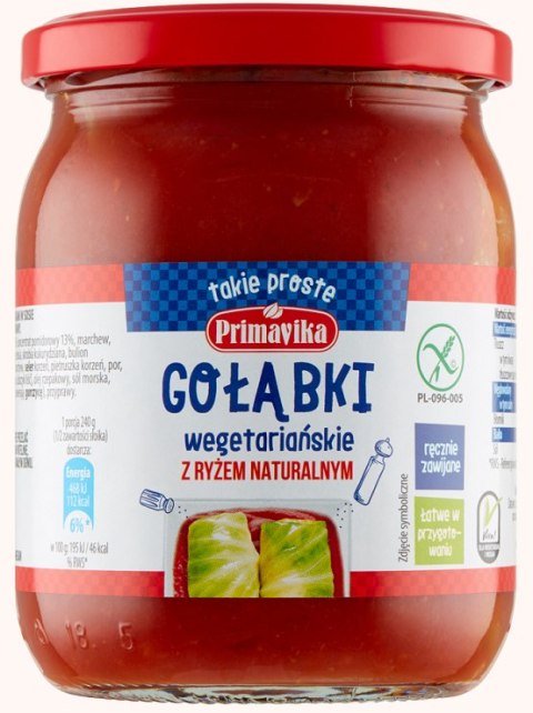 GOŁĄBKI WEGAŃSKIE Z RYŻEM I PIECZARKAMI W SOSIE POMIDOROWYM BEZGLUTENOWE 480 g - PRIMAVIKA GOŁĄBKI WEGAŃSKIE Z RYŻEM I PIECZARKAMI W SOSIE POMIDOROWYM BEZGLUTENOWE 480 g - PRIMAVIKA