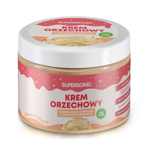 KREM ORZECHOWY O SMAKU BIAŁEJ CZEKOLADY Z CHRUPIĄCYMI KAWAŁKAMI ORZESZKÓW BEZ DODATKU CUKRU 250 g - SUPERSONIC KREM ORZECHOWY O SMAKU BIAŁEJ CZEKOLADY Z CHRUPIĄCYMI KAWAŁKAMI ORZESZKÓW BEZ DODATKU CUKRU 250 g - SUPERSONIC