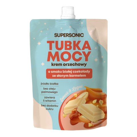 KREM ORZECHOWY TUBKA MOCY O SMAKU BIAŁEJ CZEKOLADY ZE SŁONYM KARMELEM BEZ DODATKU CUKRU 50 g - SUPERSONIC KREM ORZECHOWY TUBKA MOCY O SMAKU BIAŁEJ CZEKOLADY ZE SŁONYM KARMELEM BEZ DODATKU CUKRU 50 g - SUPERSONIC