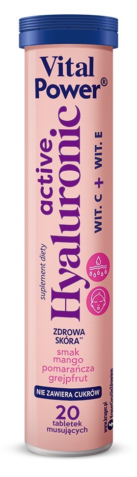 KWAS HIALURONOWY + WITAMINA C + WITAMINA E O SMAKU MANGO - POMARAŃCZA - GREJPFRUT 20 TABLETEK MUSUJĄCYCH - VITAL POWER KWAS HIALURONOWY + WITAMINA C + WITAMINA E O SMAKU MANGO - POMARAŃCZA - GREJPFRUT 20 TABLETEK MUSUJĄCYCH - VITAL POWER