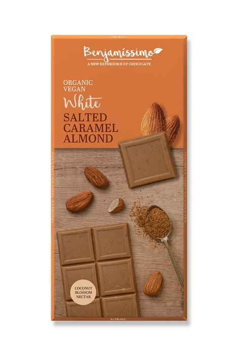 TABLICZKA KAKAOWA SŁONY KARMEL - MIGDAŁY BEZGLUTENOWA BIO 70 g - BENJAMISSIMO TABLICZKA KAKAOWA SŁONY KARMEL - MIGDAŁY BEZGLUTENOWA BIO 70 g - BENJAMISSIMO