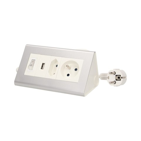 Przedłużacz biurkowy z wyłącznikiem i ładowarką, 1x2P+Z, 1x2P/II, 1xUSB, przewód 1,5m 3x1mm Przedłużacz biurkowy z wyłącznikiem i ładowarką, 1x2P+Z, 1x2P/II, 1xUSB, przewód 1,5m 3x1mm