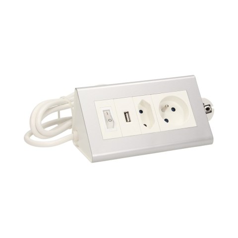 Przedłużacz biurkowy z wyłącznikiem i ładowarką, 1x2P+Z, 1x2P/II, 1xUSB, przewód 1,5m 3x1mm Przedłużacz biurkowy z wyłącznikiem i ładowarką, 1x2P+Z, 1x2P/II, 1xUSB, przewód 1,5m 3x1mm