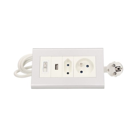 Przedłużacz biurkowy z wyłącznikiem i ładowarką, 1x2P+Z, 1x2P/II, 1xUSB, przewód 1,5m 3x1mm Przedłużacz biurkowy z wyłącznikiem i ładowarką, 1x2P+Z, 1x2P/II, 1xUSB, przewód 1,5m 3x1mm