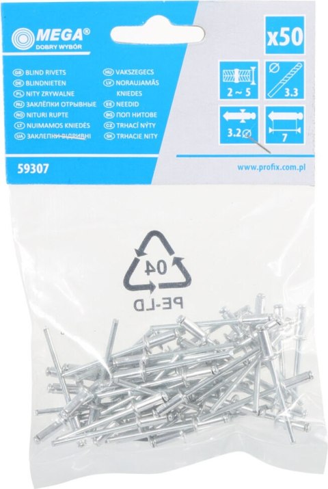 59410 Nit aluminiowy zrywalny 4x10mm 50 sztuk, Mega 59410 Nit aluminiowy zrywalny 4x10mm 50 sztuk, Mega