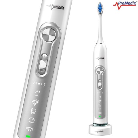Szczoteczka soniczna do zębów Promedix, kolor biały, etui podróżne, 5 trybów, timer, 3 poziomy mocy, 3 końcówki, PR-750 W Szczoteczka soniczna do zębów Promedix, kolor biały, etui podróżne, 5 trybów, timer, 3 poziomy mocy, 3 końcówki, PR-750 W