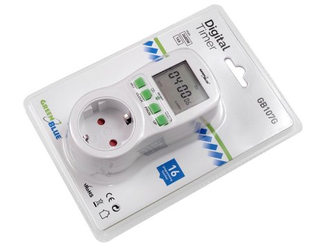 Włącznik czasowy - timer cyfrowy GB107G, 16 programów, max 240 programów, wersja niemiecka (wtyczka typu F), GreenBlue Włącznik czasowy - timer cyfrowy GB107G, 16 programów, max 240 programów, wersja niemiecka (wtyczka typu F), GreenBlue