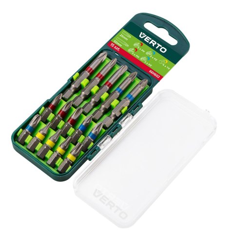 Zestaw bitów 15 szt., 25 mm - 3 x PH, 3 x PZ, 4 x TX + 50 mm - 3 x PH, 2 x PZ Zestaw bitów 15 szt., 25 mm - 3 x PH, 3 x PZ, 4 x TX + 50 mm - 3 x PH, 2 x PZ