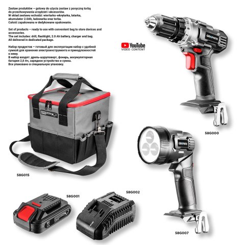 Zestaw elektronarzędzi akumulatorowych: wiertarko-wkrętarka, latarka, torba, akumulator Energy+ 18V, Li-Ion 2.0Ah, ładowarka Zestaw elektronarzędzi akumulatorowych: wiertarko-wkrętarka, latarka, torba, akumulator Energy+ 18V, Li-Ion 2.0Ah, ładowarka