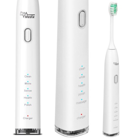 Szczoteczka soniczna do zębów Promedix, kolor biały, 5 trybów, timer, wskaźnik poziomu nał. baterii, 2 końcówki i kabel USB, PR Szczoteczka soniczna do zębów Promedix, kolor biały, 5 trybów, timer, wskaźnik poziomu nał. baterii, 2 końcówki i kabel USB, PR