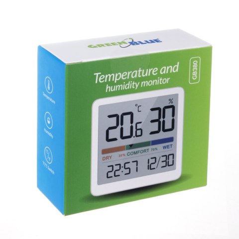 Termometr/higrometr z funkcją zegara i daty, GreenBlue, bateria CR2032, zakres temp. -9.9 st. C do +60 st. C.,GB380 Termometr/higrometr z funkcją zegara i daty, GreenBlue, bateria CR2032, zakres temp. -9.9 st. C do +60 st. C.,GB380