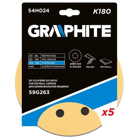 Papier ścierny na rzep 180 mm, K180, 5 szt., z 8 otworami do szlifierki 59G263 Papier ścierny na rzep 180 mm, K180, 5 szt., z 8 otworami do szlifierki 59G263
