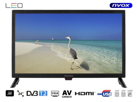 Telewizor nvox digital hdtv led 24cali z tunerem dvbt/t2 hevc/h.265 12/24/230v Telewizor nvox digital hdtv led 24cali z tunerem dvbt/t2 hevc/h.265 12/24/230v