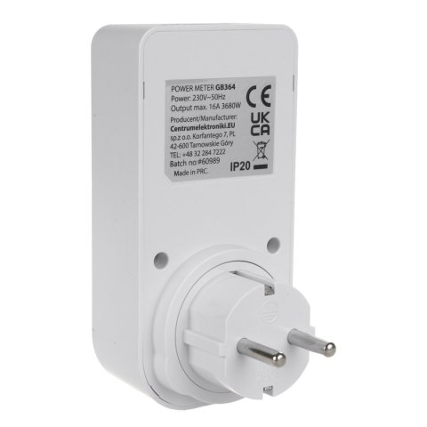 Miernik energii GreenBlue, watomierz, typ F, 220-240V AC, 50Hz, max. obciążenie 16A, IP20, wbudowana bateria, GB364 F Miernik energii GreenBlue, watomierz, typ F, 220-240V AC, 50Hz, max. obciążenie 16A, IP20, wbudowana bateria, GB364 F