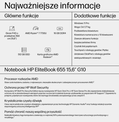 HP EliteBook 655 G10 Ryzen 7 7730U 15.6"FHD 250nits 16GB DDR4 SSD512 RX Vega 8 W11Pro HP EliteBook 655 G10 Ryzen 7 7730U 15.6"FHD 250nits 16GB DDR4 SSD512 RX Vega 8 W11Pro
